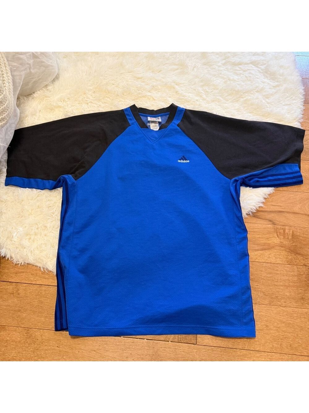 Vintage Adidas Raglan Jersey Blue Black 90s Blokecore Mens XL - Picture 4 of 5